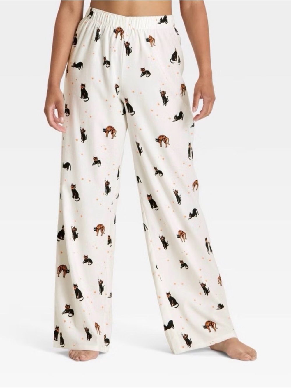 Halloween Cat Print Wide Leg Pajama Pants - Cream with Black Cats